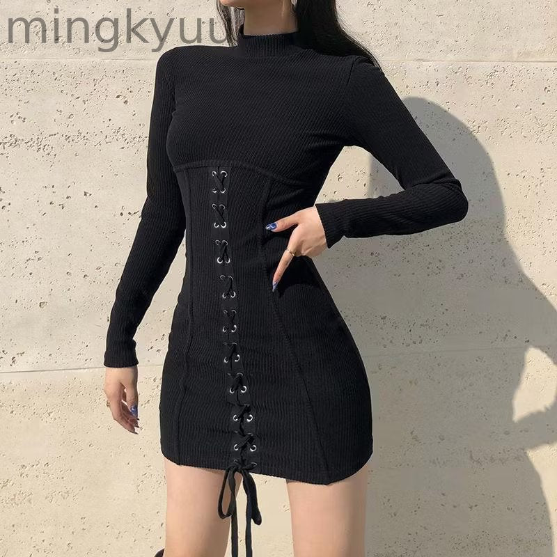 Goth Slim Fit Long Sleeve Black Mini Dress
