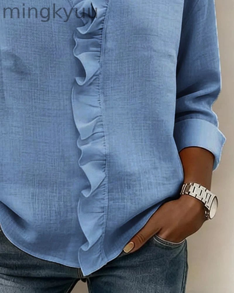 Ruffled Blouse V-Neck Long Sleeves