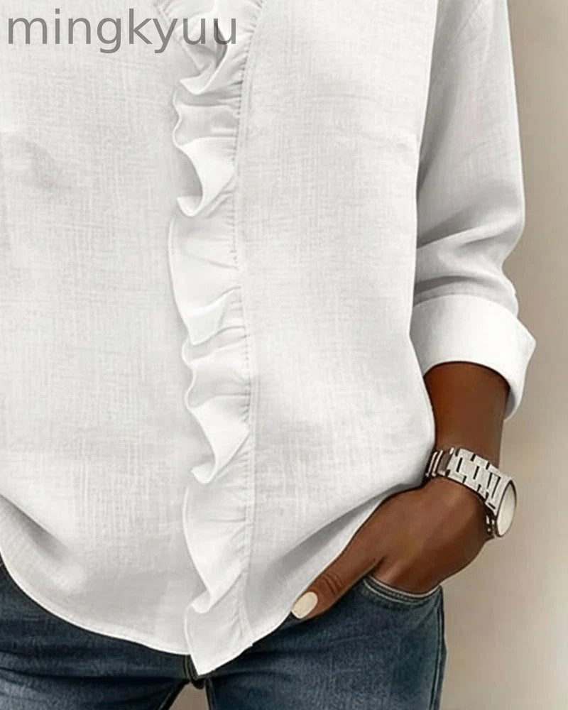 Ruffled Blouse V-Neck Long Sleeves