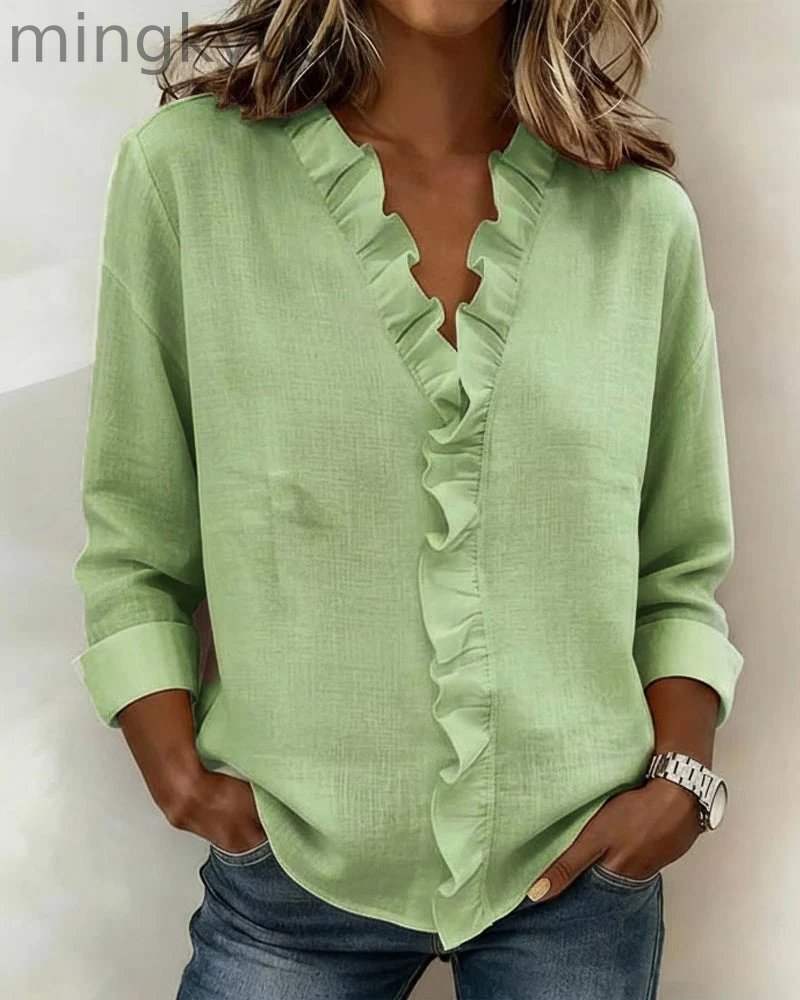Ruffled Blouse V-Neck Long Sleeves