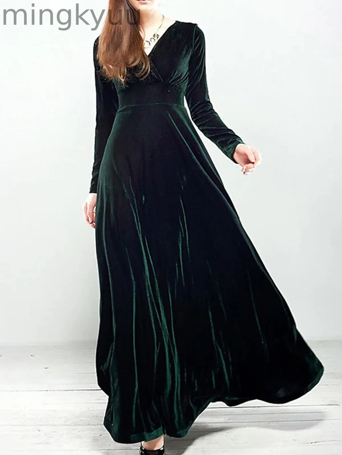 Elegant Wrap Wide Band A-line Velvet Maxi Dress
