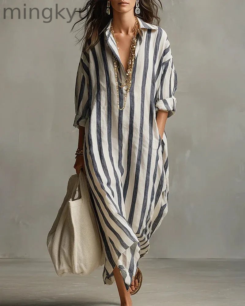Striped Dress with Lapel Collar