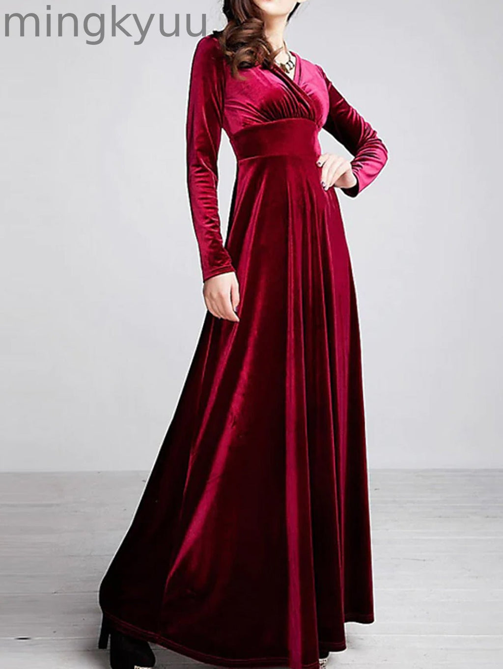 Elegant Wrap Wide Band A-line Velvet Maxi Dress