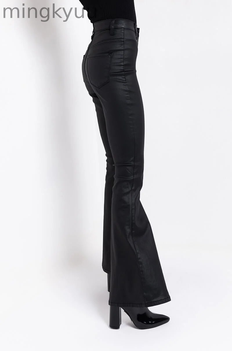 ON DUTY FAUX LEATHER HIGH RISE FLARE PANTS