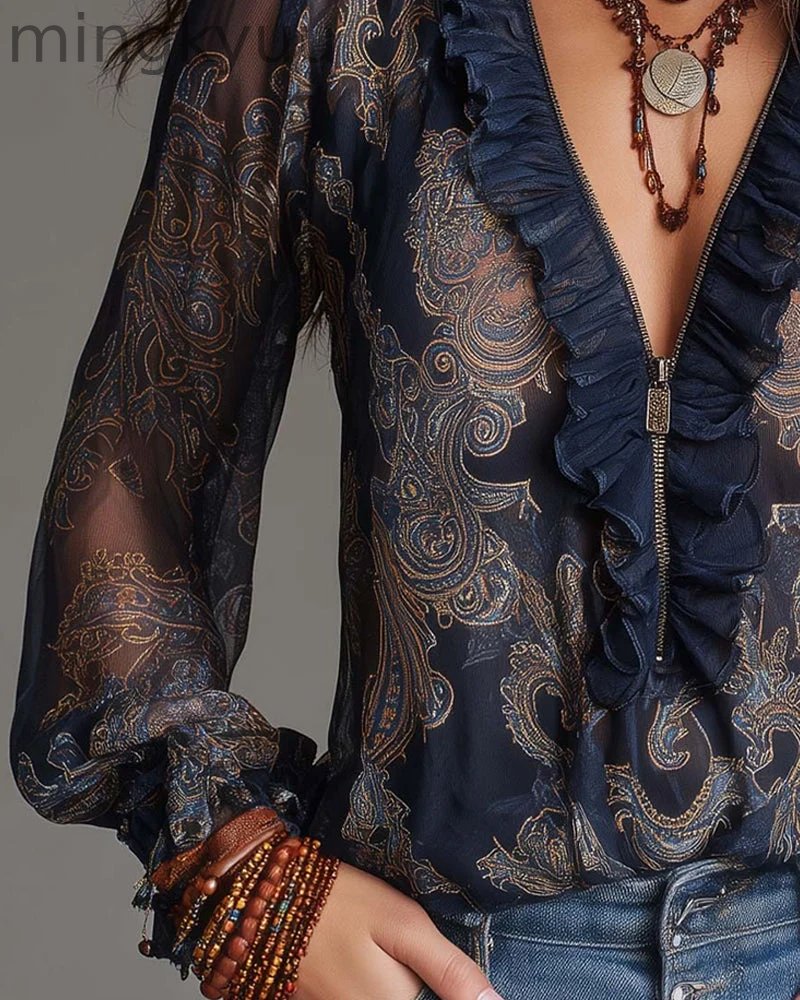 Retro Ruffle Demi-Zip Blouse