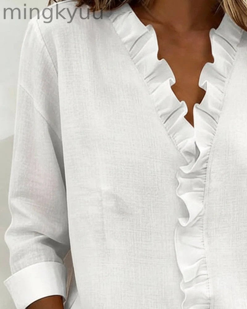 Ruffled Blouse V-Neck Long Sleeves