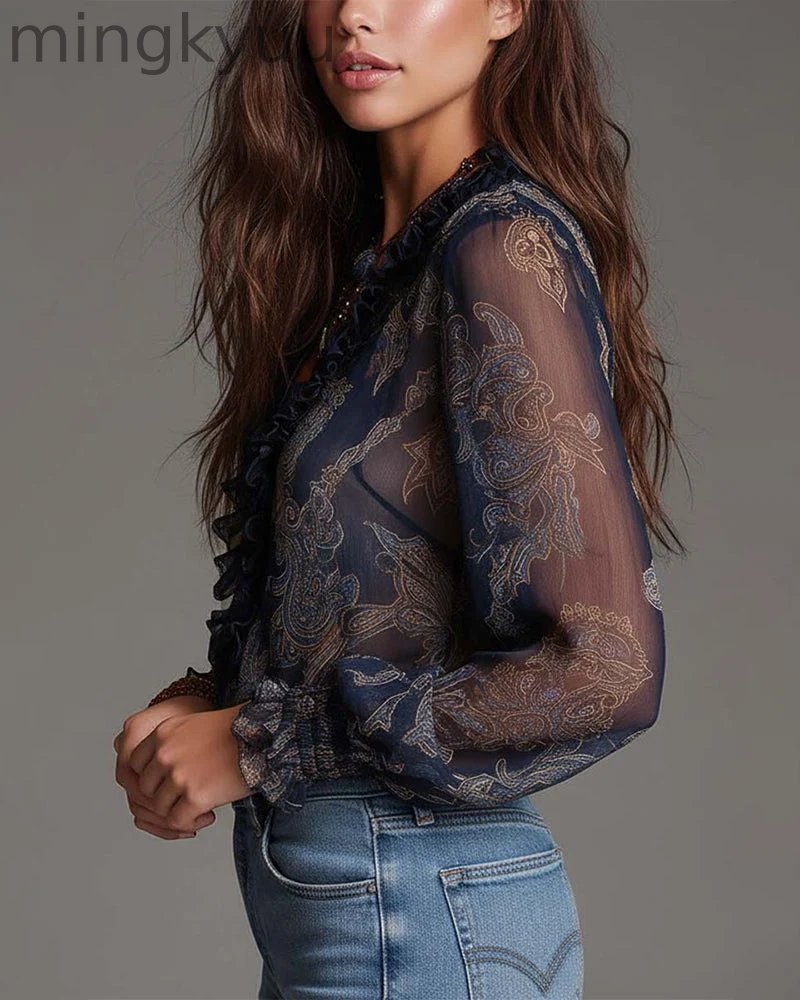 Retro Ruffle Demi-Zip Blouse