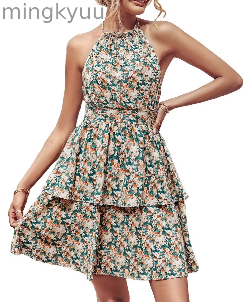 Summer Floral Halter Dress with Ruffle Details and Backless Design
