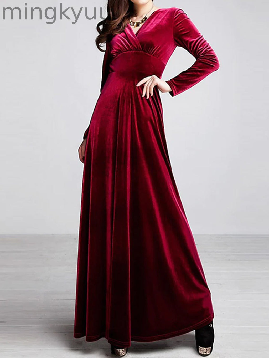 Elegant Wrap Wide Band A-line Velvet Maxi Dress