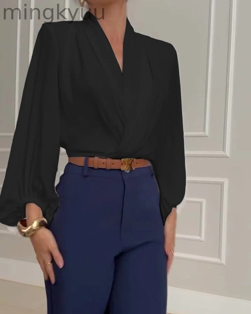 Trendy Lantern Sleeve Blouse with Solid V-Neck