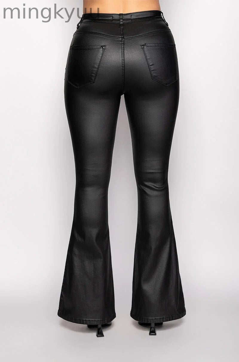 ON DUTY FAUX LEATHER HIGH RISE FLARE PANTS