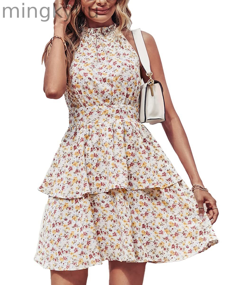 Summer Floral Halter Dress with Ruffle Details and Backless Design