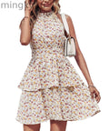 Summer Floral Halter Dress with Ruffle Details and Backless Design