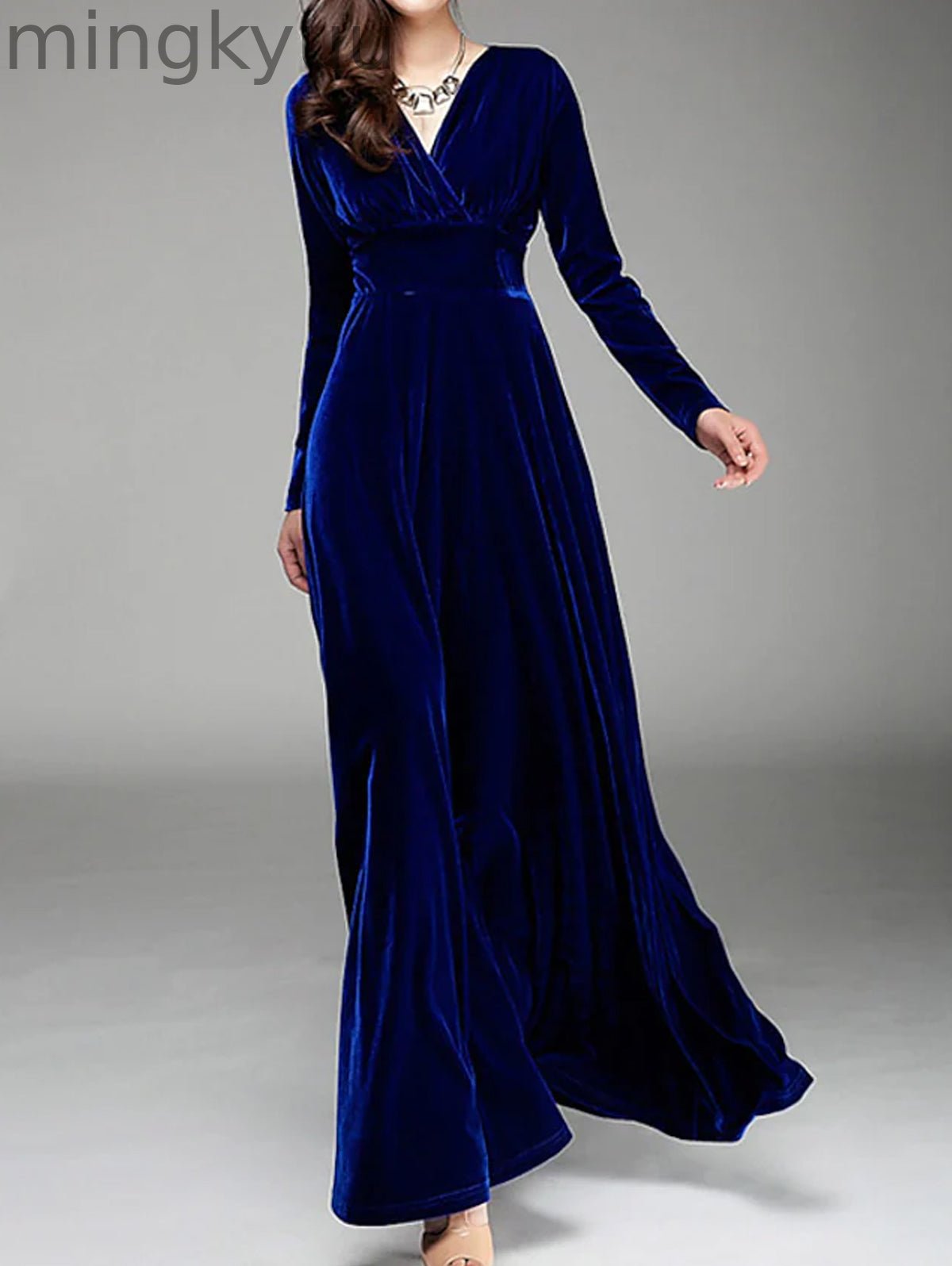 Elegant Wrap Wide Band A-line Velvet Maxi Dress