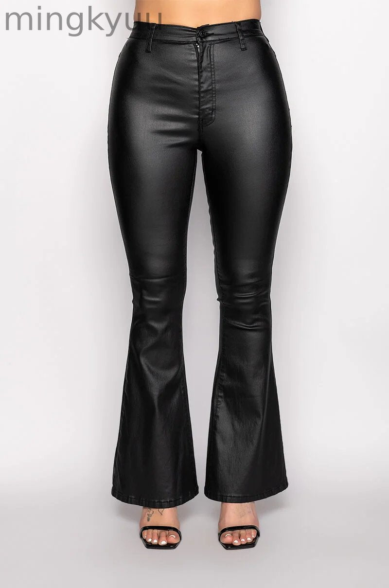 ON DUTY FAUX LEATHER HIGH RISE FLARE PANTS