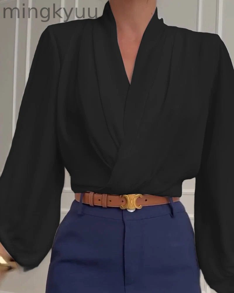 Trendy Lantern Sleeve Blouse with Solid V-Neck