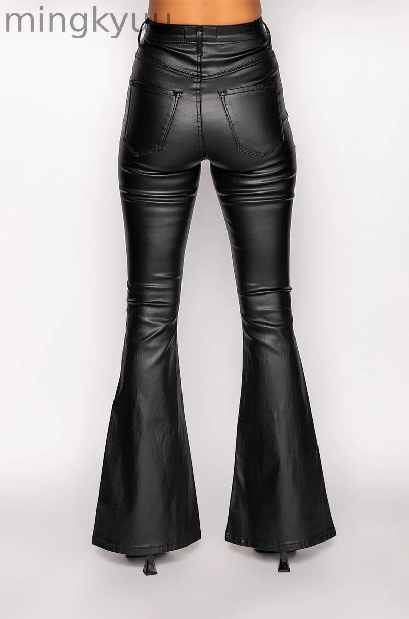 ON DUTY FAUX LEATHER HIGH RISE FLARE PANTS