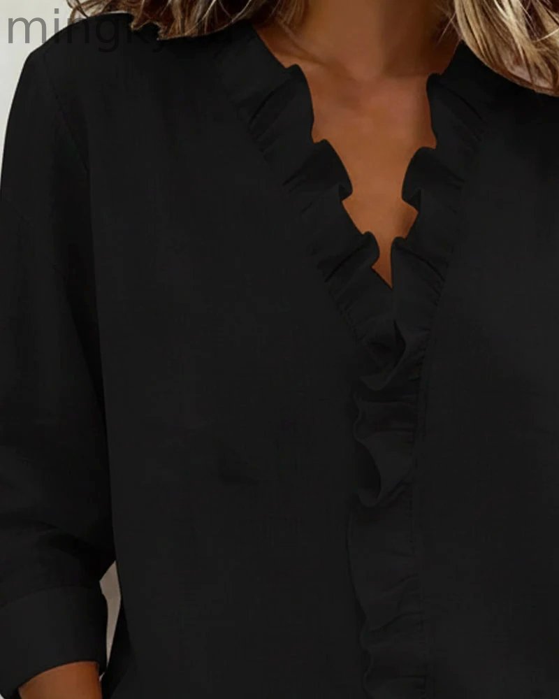 Ruffled Blouse V-Neck Long Sleeves