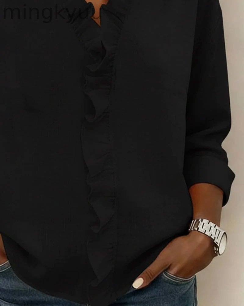 Ruffled Blouse V-Neck Long Sleeves