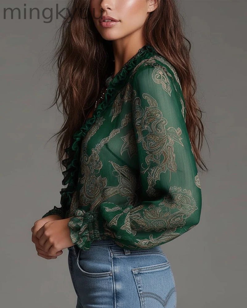 Retro Ruffle Demi-Zip Blouse