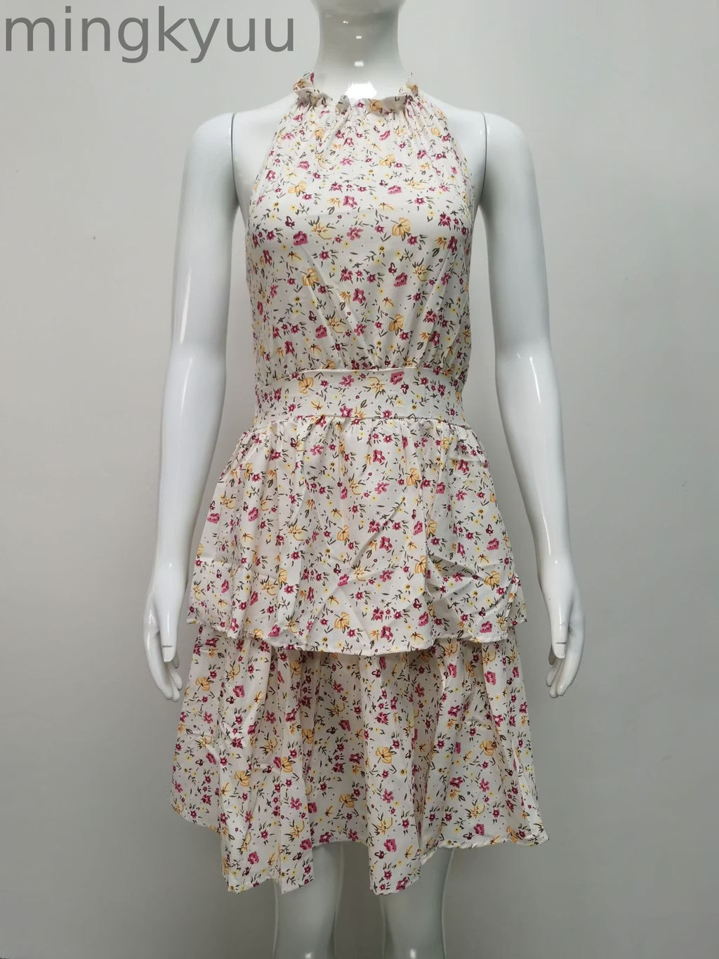 Summer Floral Halter Dress with Ruffle Details and Backless Design