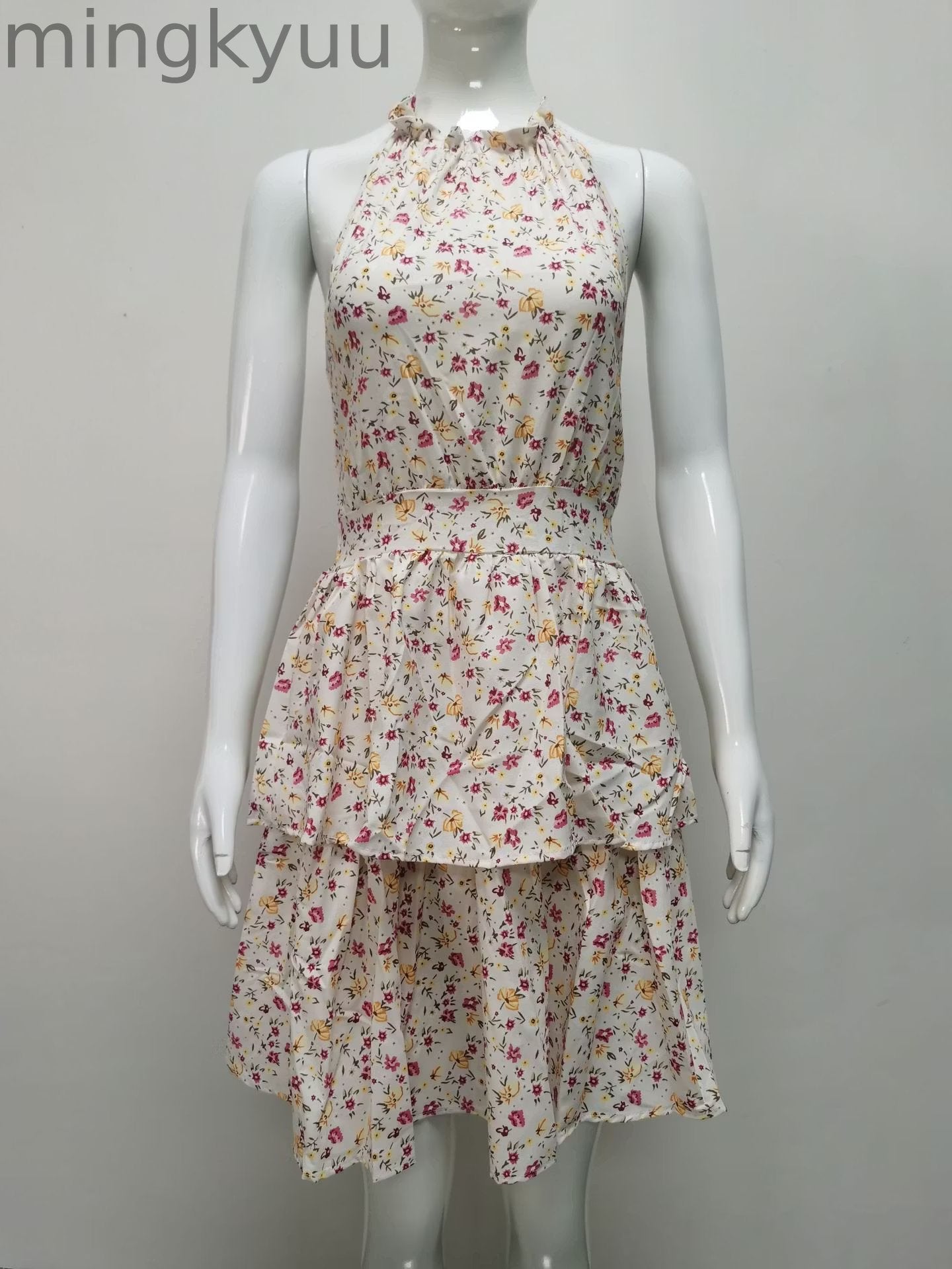 Summer Floral Halter Dress with Ruffle Details and Backless Design