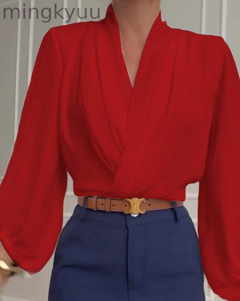Trendy Lantern Sleeve Blouse with Solid V-Neck