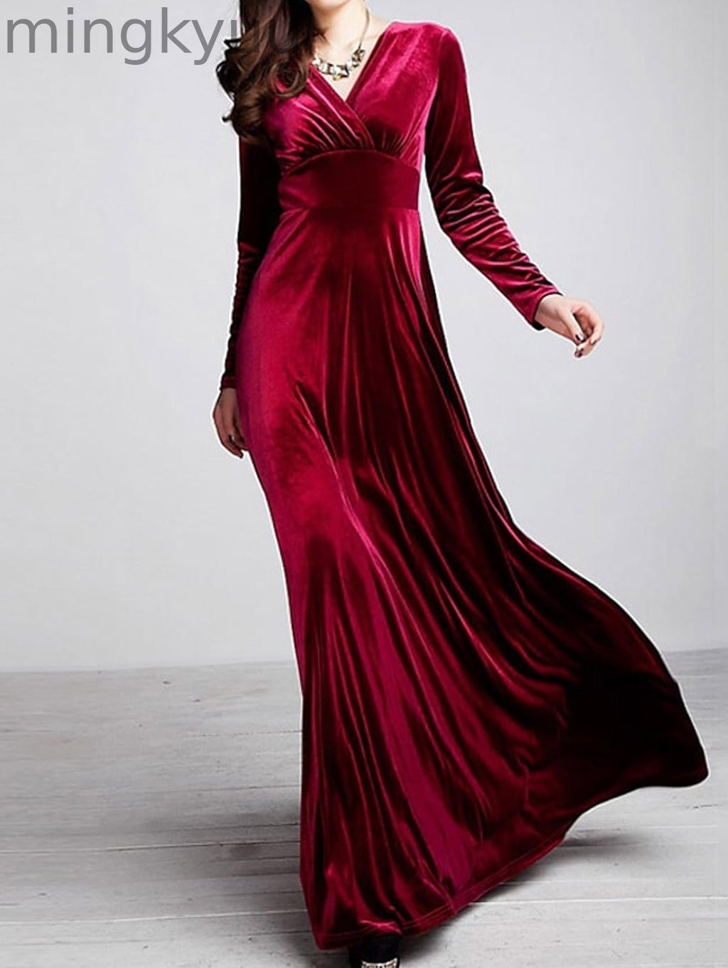 Elegant Wrap Wide Band A-line Velvet Maxi Dress