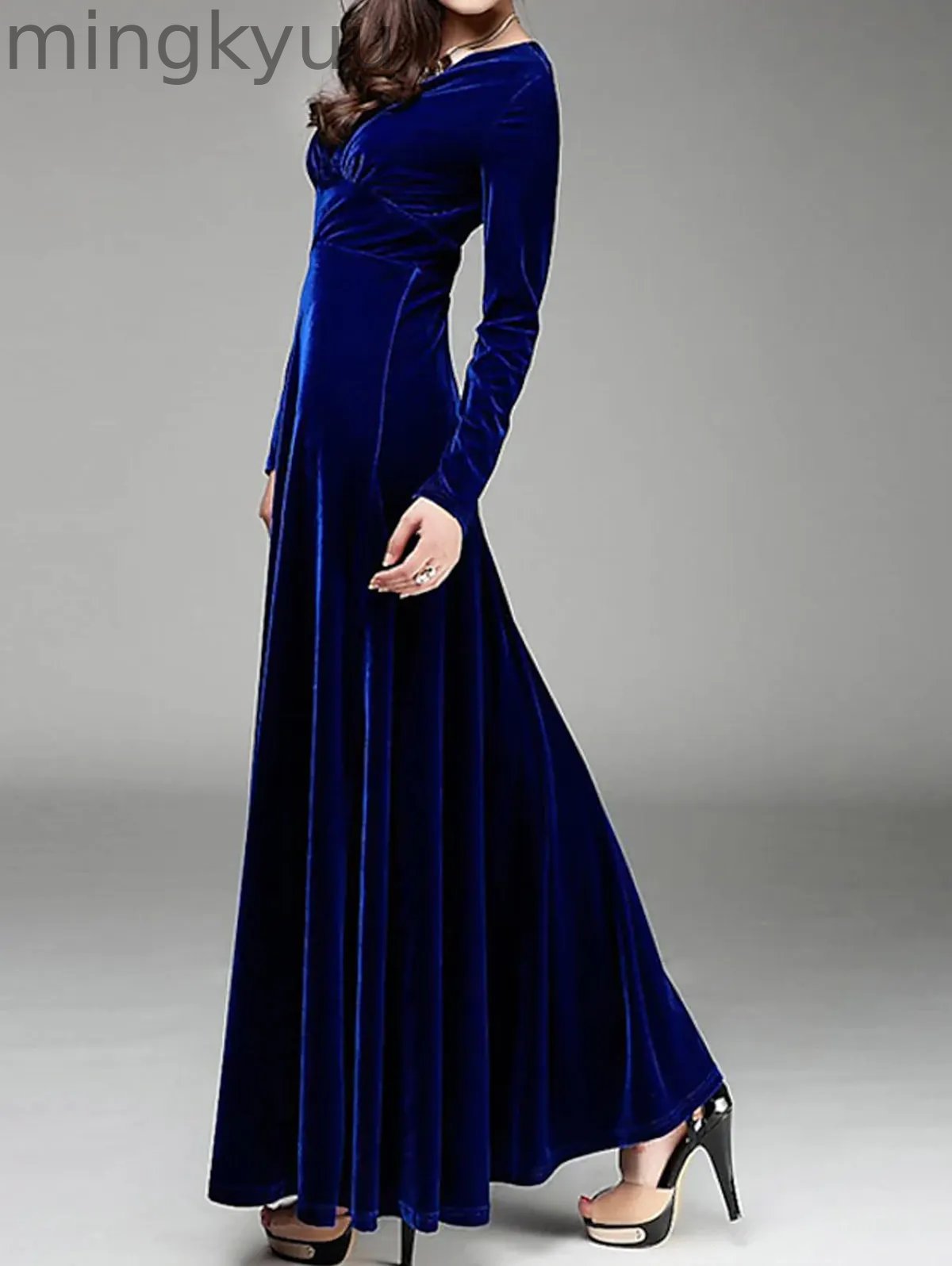 Elegant Wrap Wide Band A-line Velvet Maxi Dress
