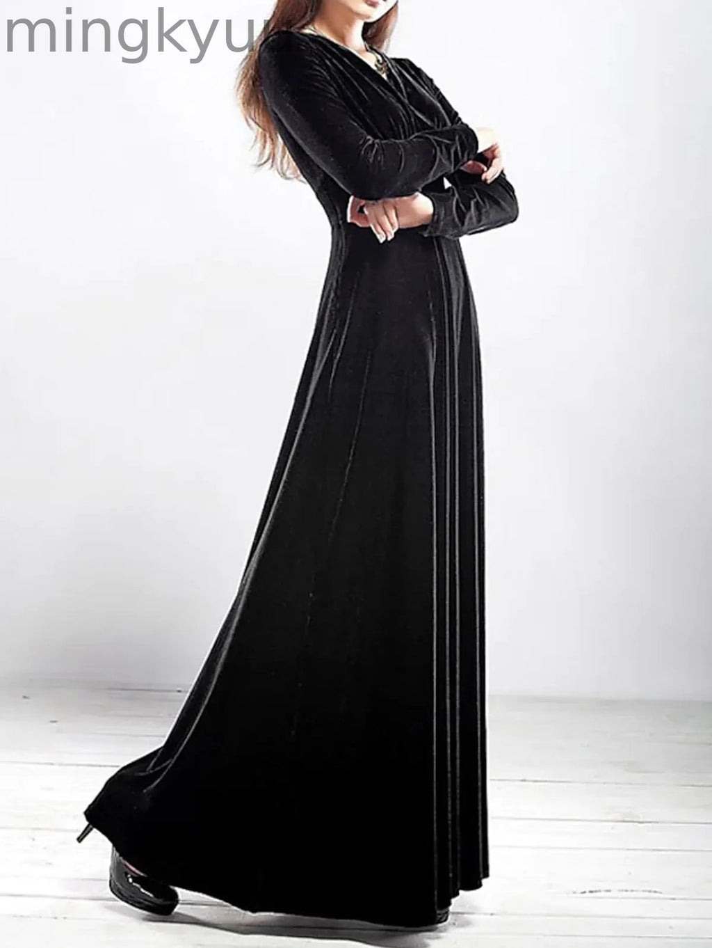 Elegant Wrap Wide Band A-line Velvet Maxi Dress