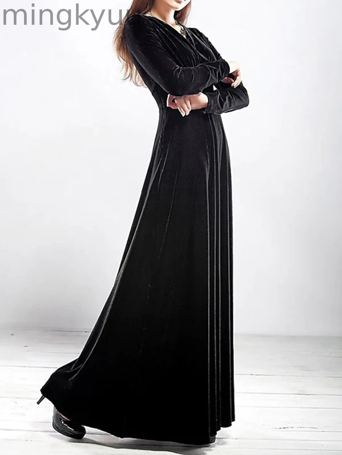 Elegant Wrap Wide Band A-line Velvet Maxi Dress