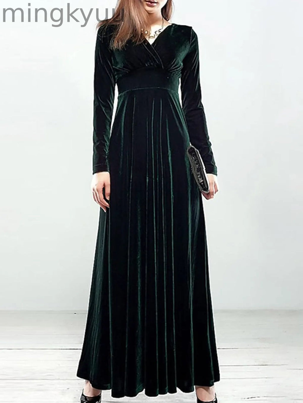 Elegant Wrap Wide Band A-line Velvet Maxi Dress