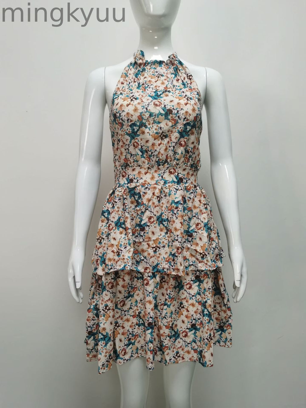 Summer Floral Halter Dress with Ruffle Details and Backless Design