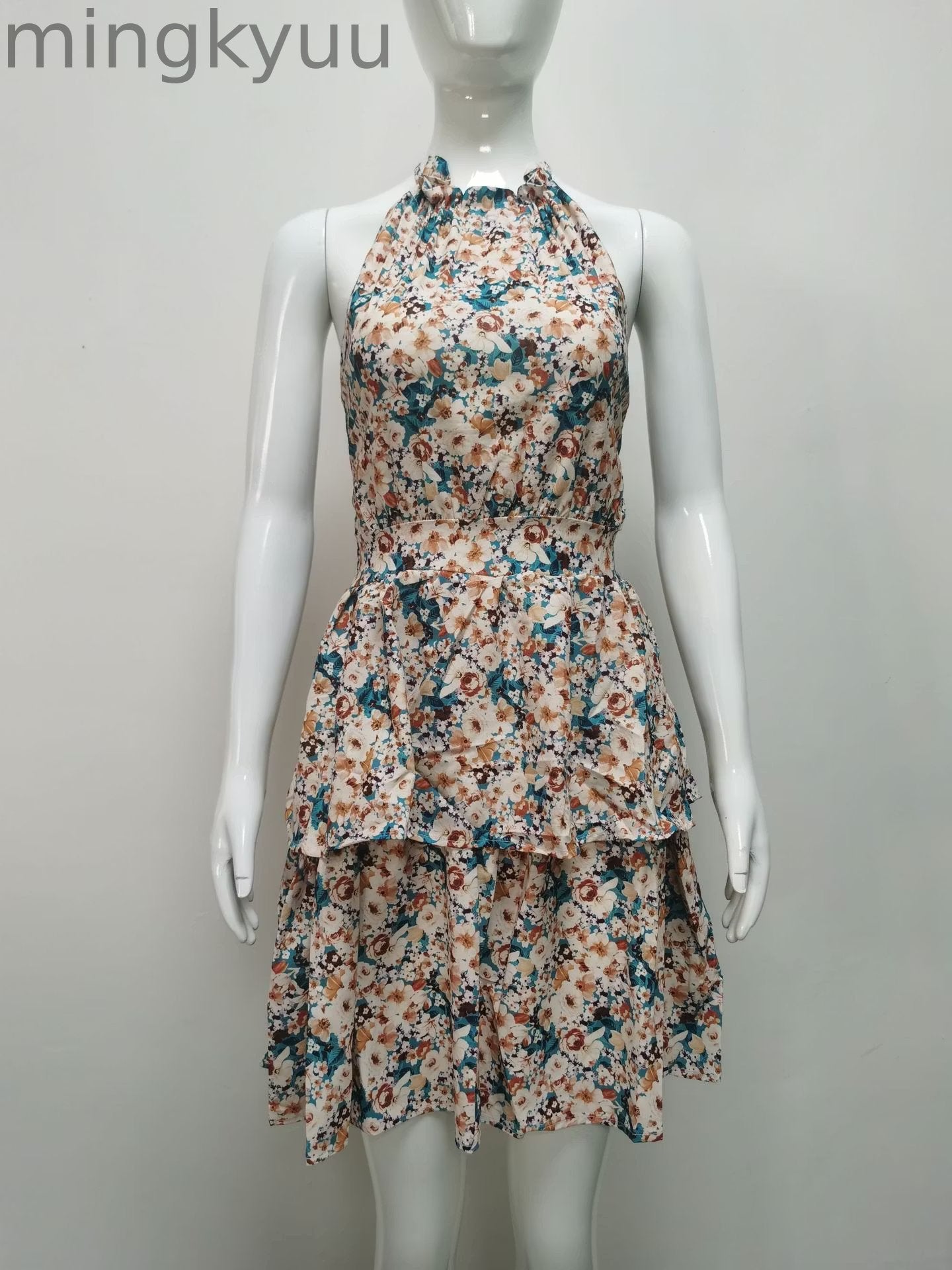 Summer Floral Halter Dress with Ruffle Details and Backless Design
