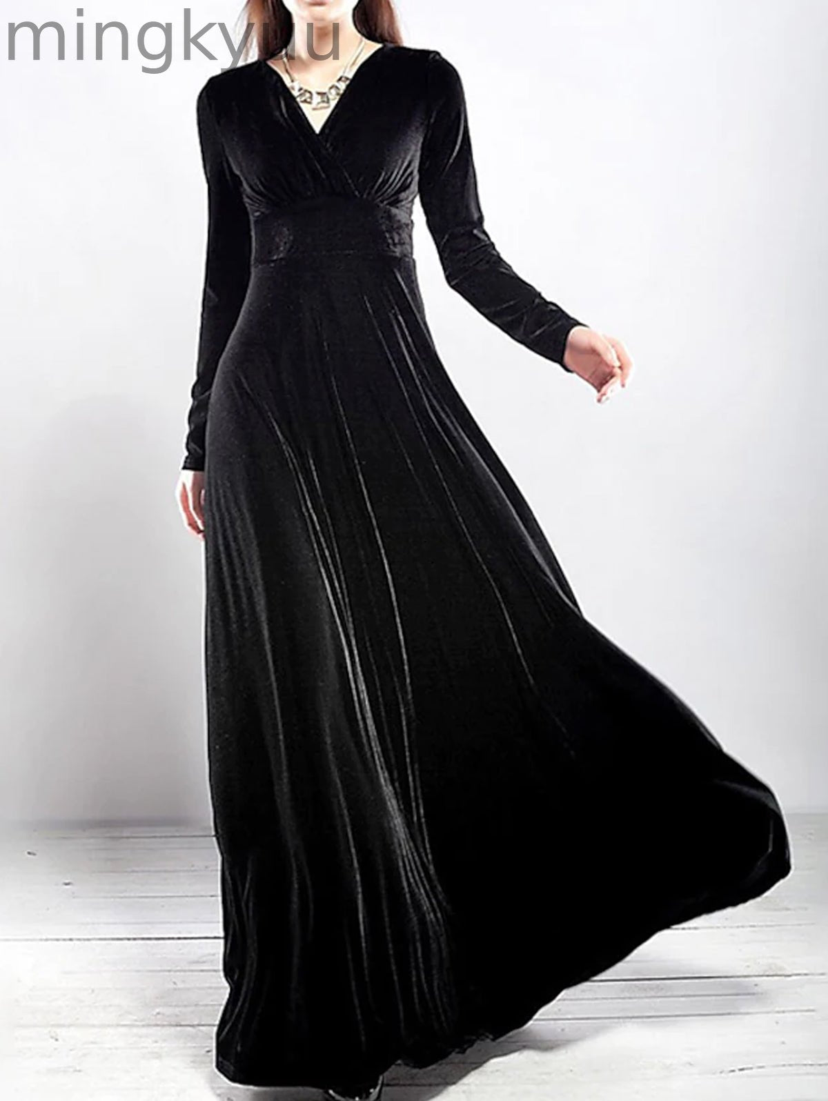 Elegant Wrap Wide Band A-line Velvet Maxi Dress