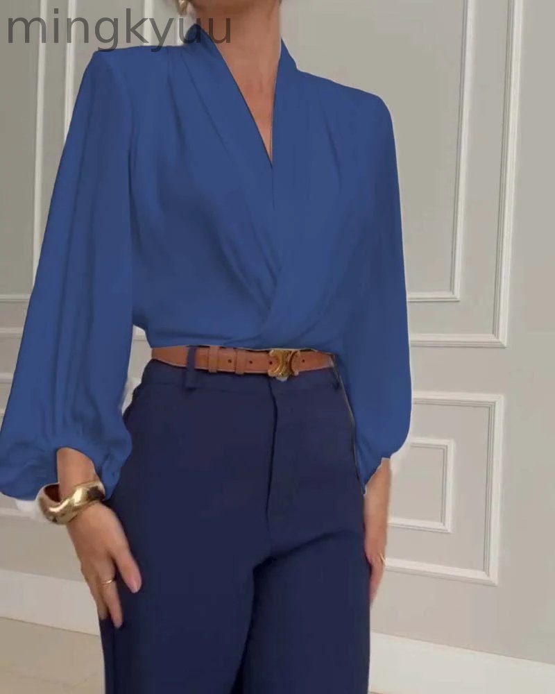 Trendy Lantern Sleeve Blouse with Solid V-Neck