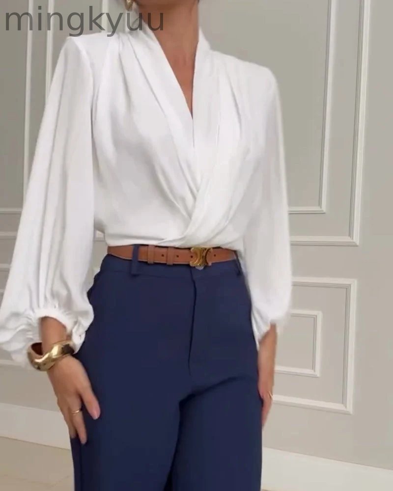 Trendy Lantern Sleeve Blouse with Solid V-Neck