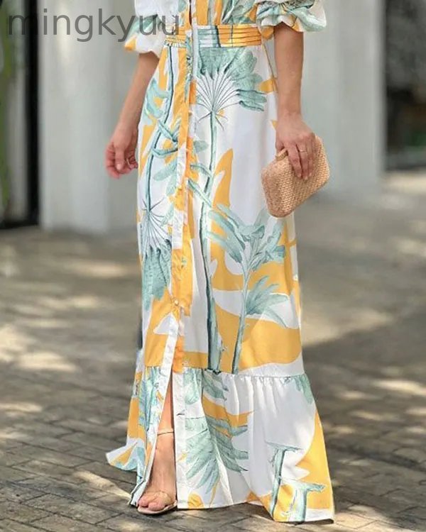 Elegant V-neck Puff Sleeve Waist Print Long Dress