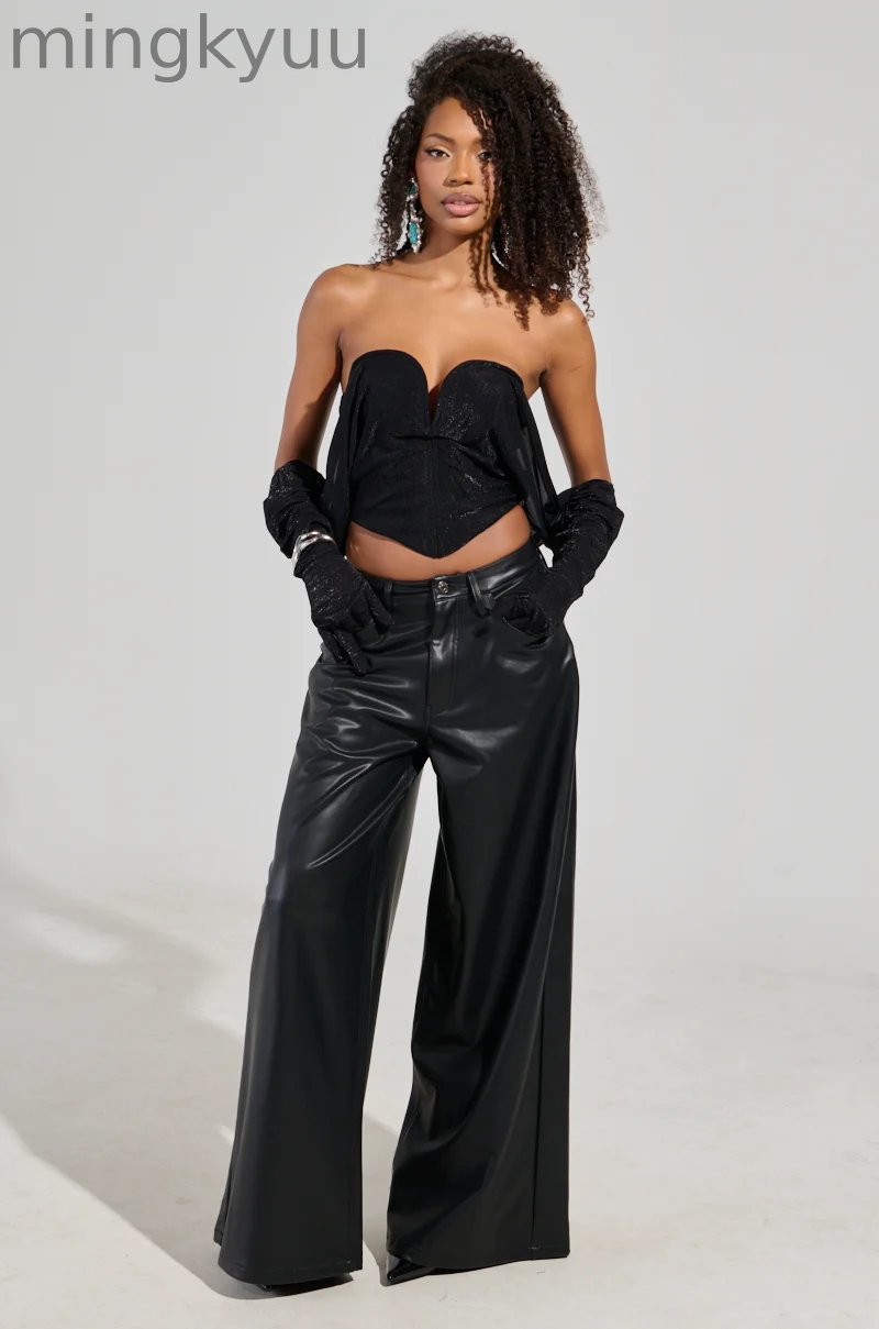 WIDE LEG FAUX LEATHER PANT IN BLACK
