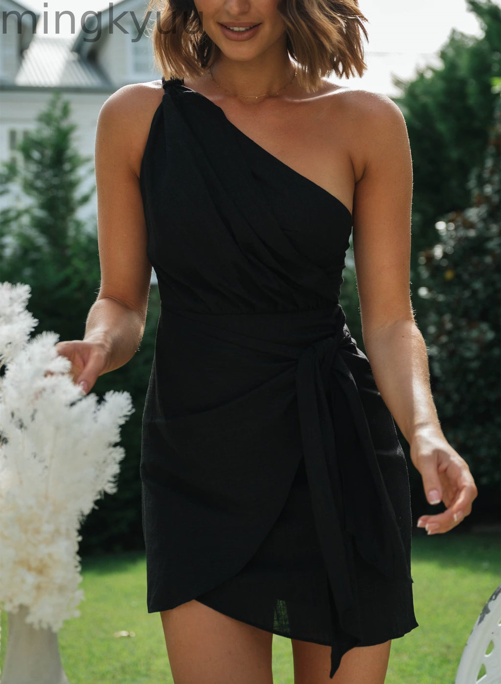 One Shoulder Knot Wrap Tie Mini Dress