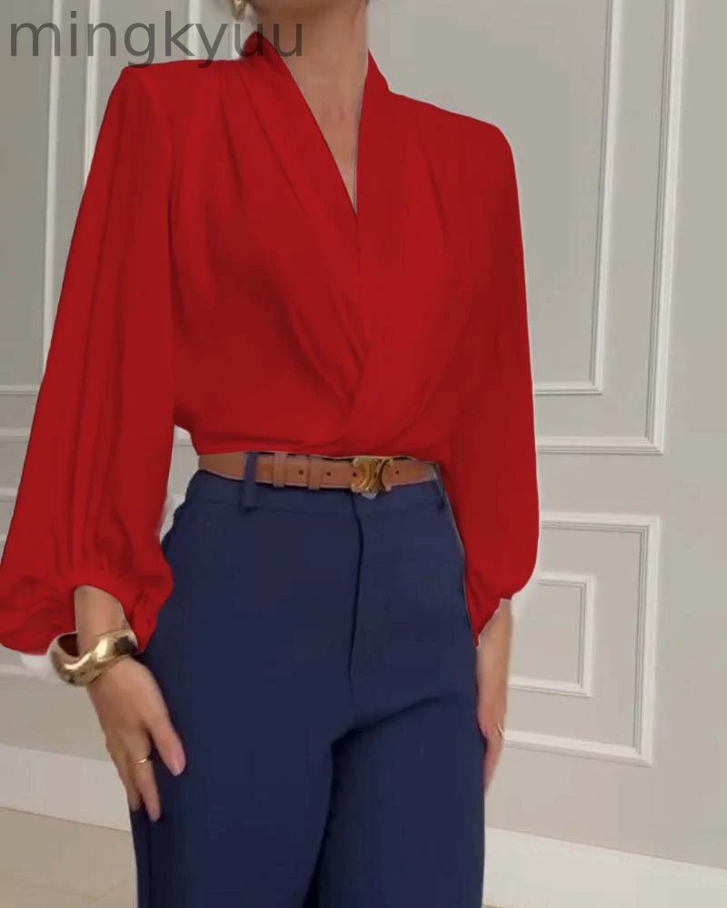 Trendy Lantern Sleeve Blouse with Solid V-Neck