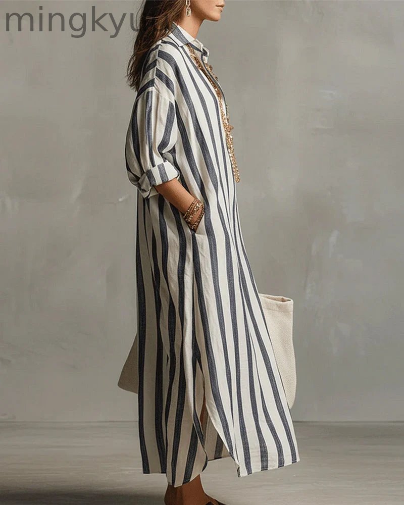 Striped Dress with Lapel Collar