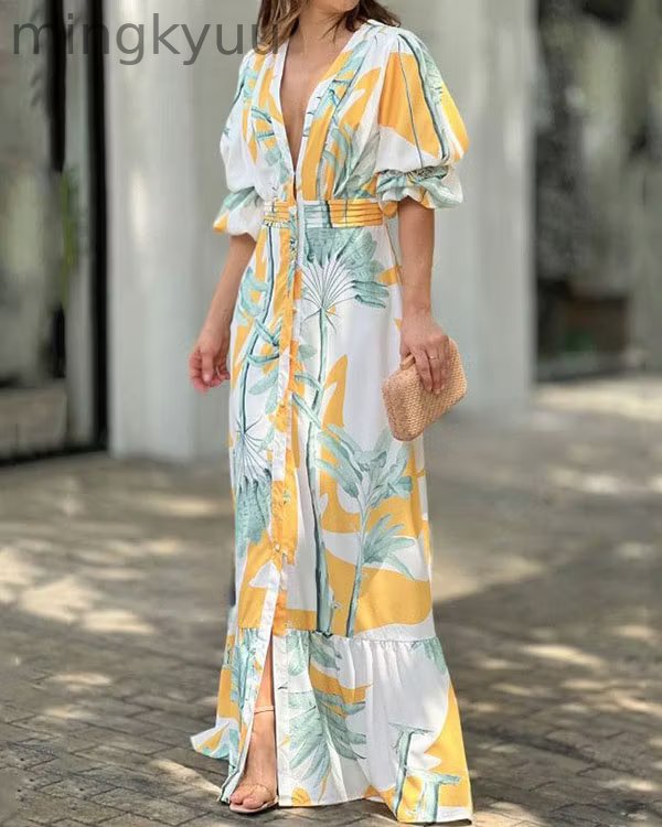 Elegant V-neck Puff Sleeve Waist Print Long Dress