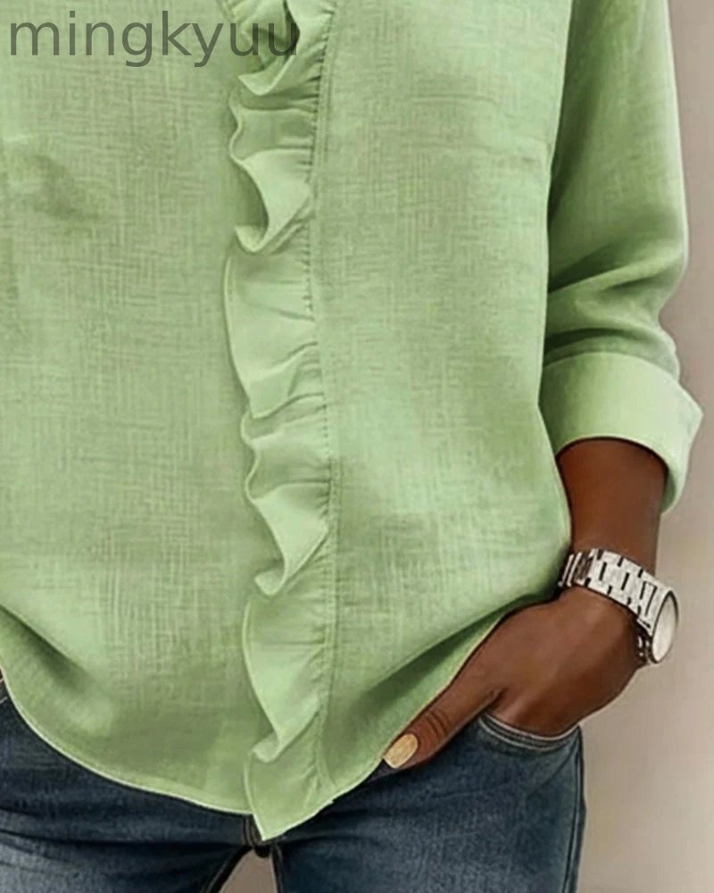 Ruffled Blouse V-Neck Long Sleeves
