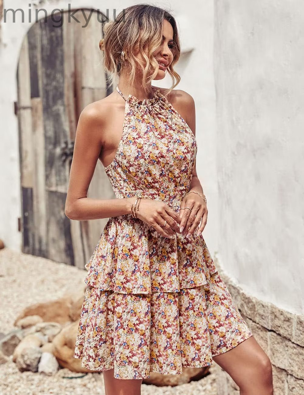 Summer Floral Halter Dress with Ruffle Details and Backless Design