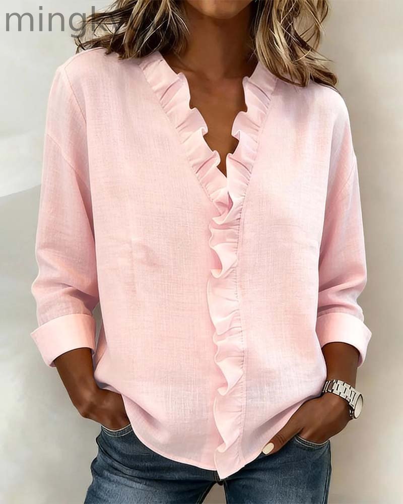 Ruffled Blouse V-Neck Long Sleeves