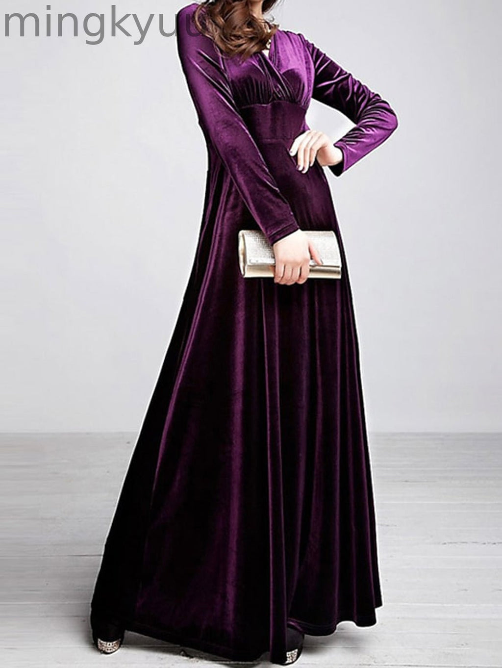 Elegant Wrap Wide Band A-line Velvet Maxi Dress