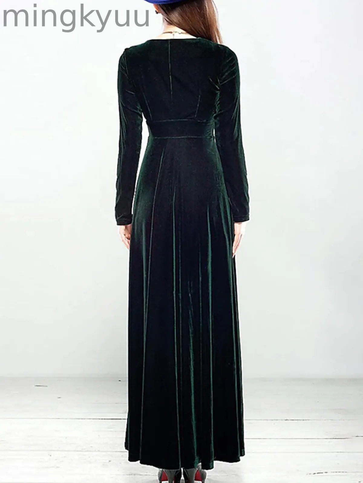 Elegant Wrap Wide Band A-line Velvet Maxi Dress