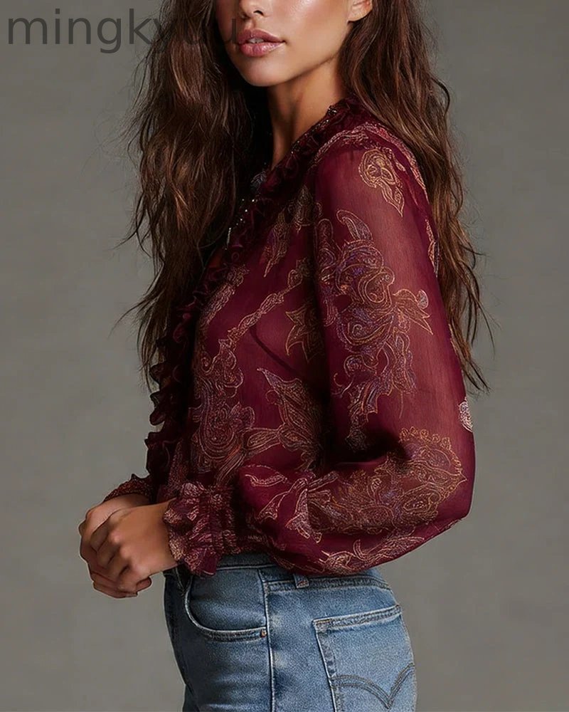 Retro Ruffle Demi-Zip Blouse