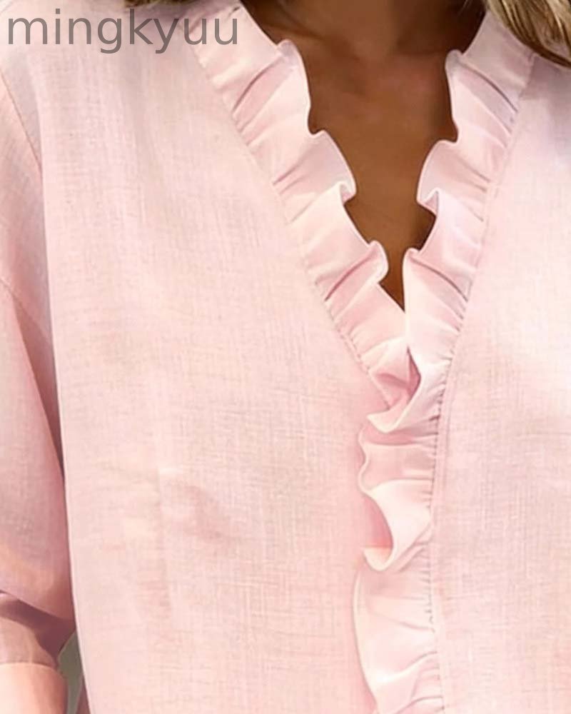 Ruffled Blouse V-Neck Long Sleeves